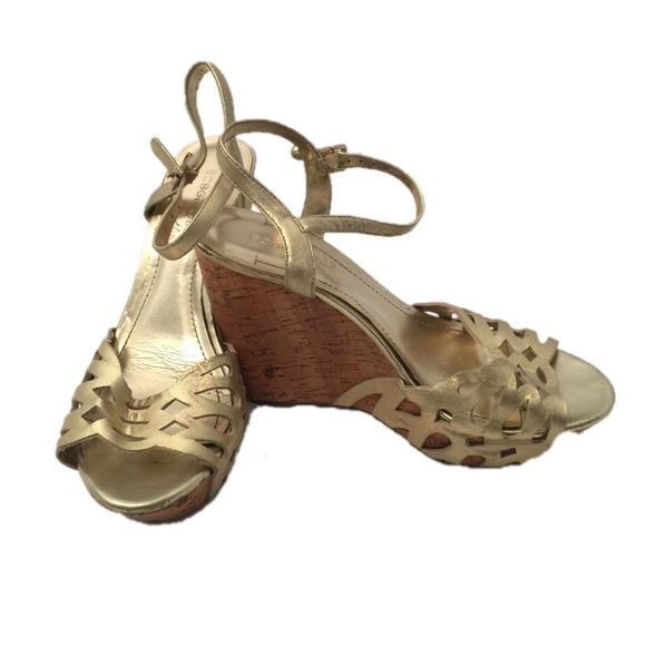BCBG Gold and Cork Wedge Sandals - Picture 2 of 2